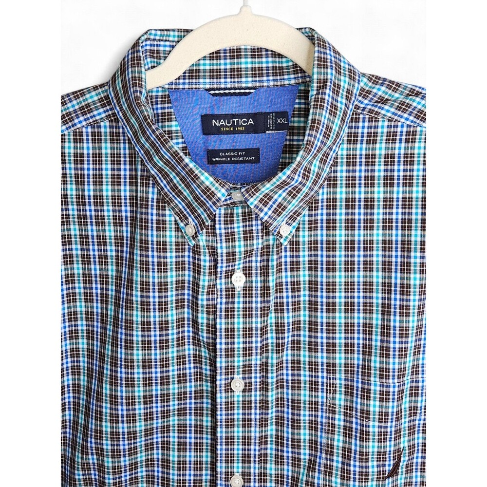 Nautica Button Down Shirt Mens XXL Blue Plaid Classic Fit Cotton